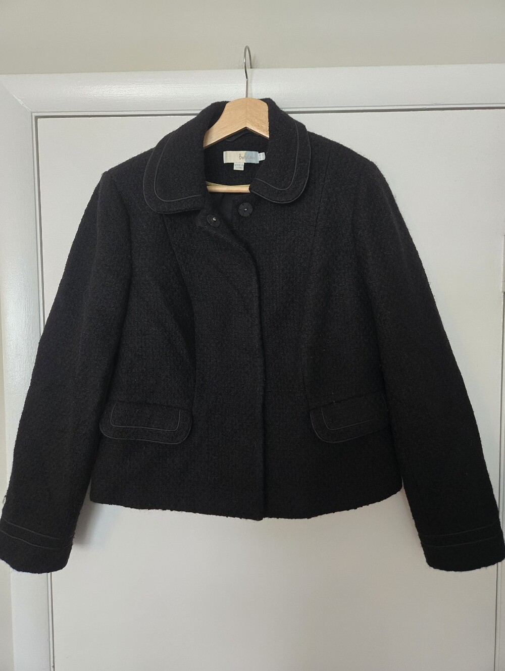 Boden Black Wool Cropped Tweed Jacket Blazer Size 10